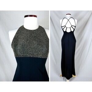 1990s Metallic Gold & Black Gown Size XXS - XS 90s Disco Dress Bodycon Gown